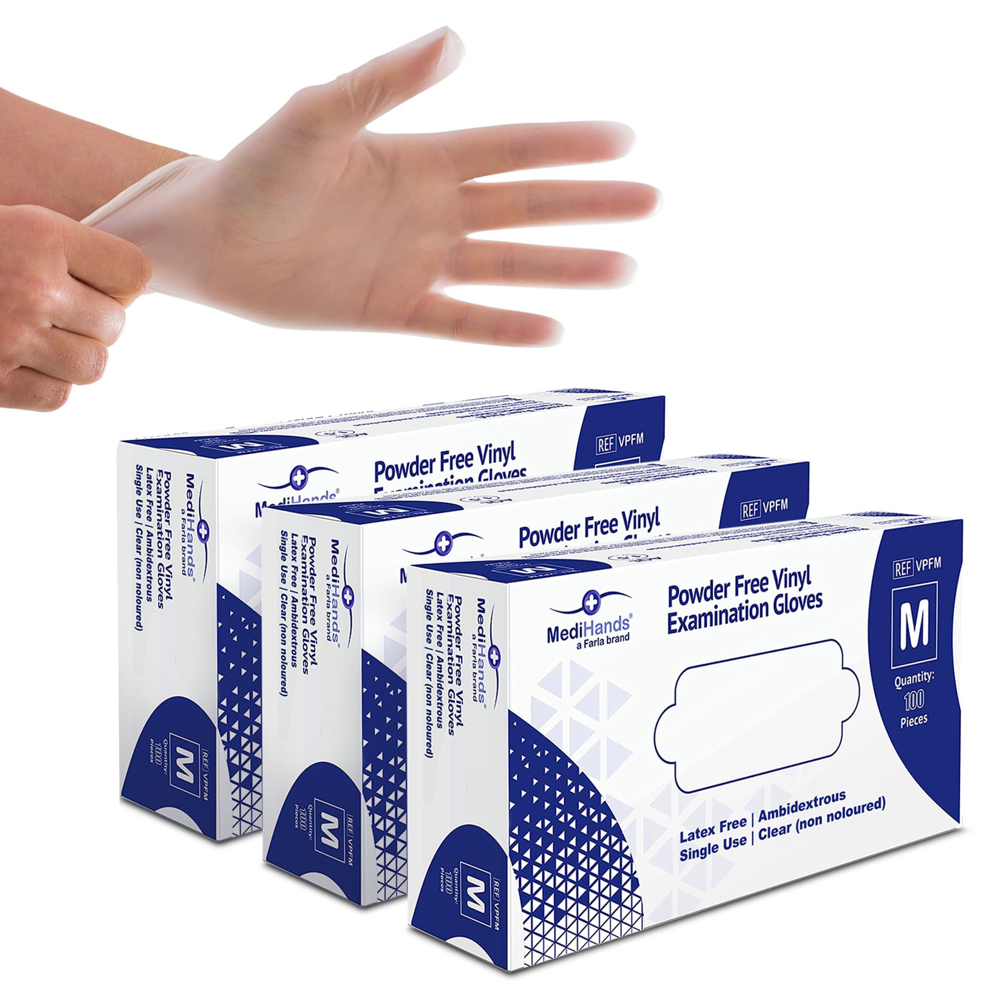 Farla Medical MediHands Clear Vinyl Gloves Medium Disposable Surgical Gloves, Powder Free Latex Free & Protein Free, Food, Multi Use, Pack of 300