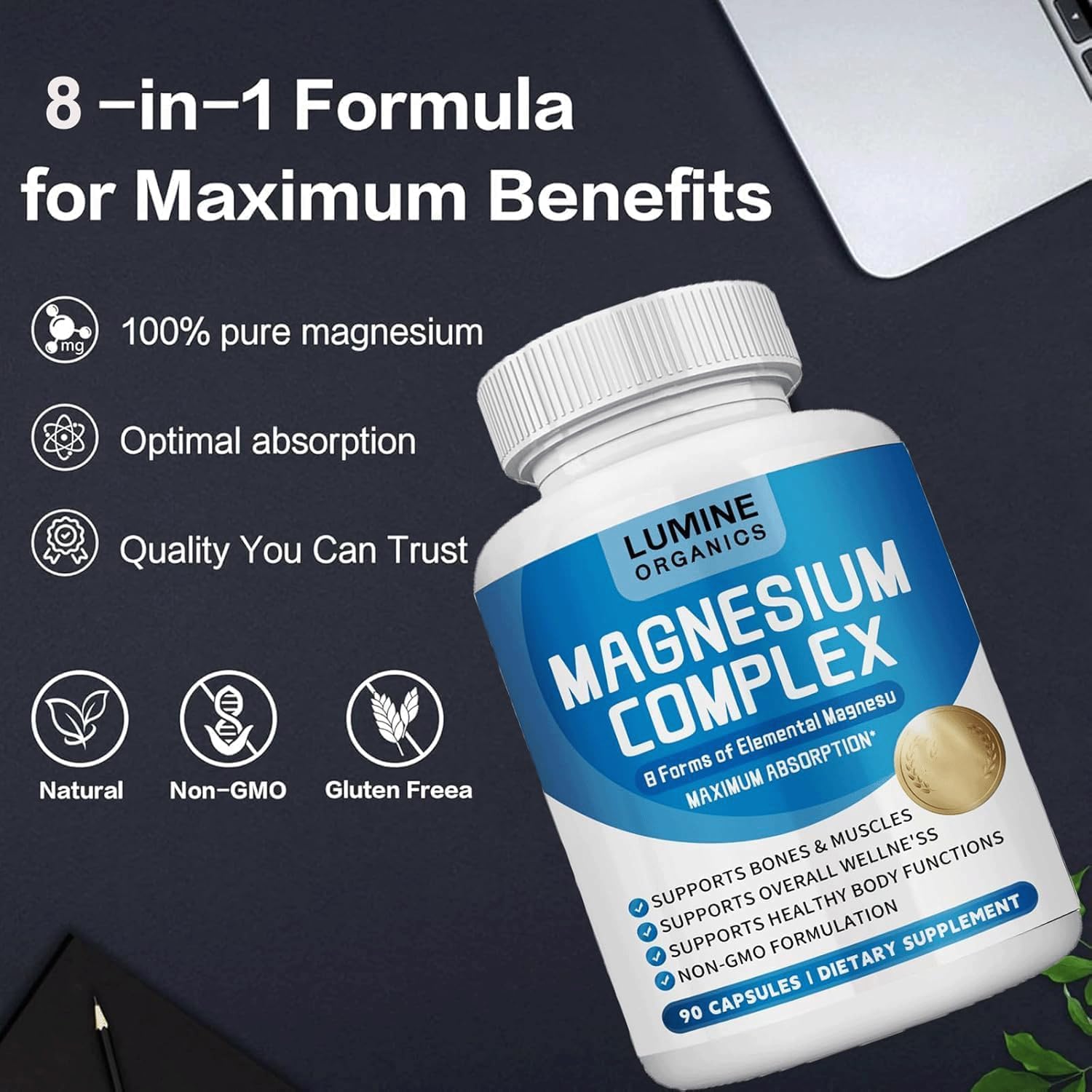 Lumine Organics Magnesium Complex Supplement 1000mg- Advanced 8-in-1 Magnesium Blend - Glycinate, Citrate, Malate, Taurate etc.– High Absorption Formula – Non-GMO– 90 Capsules (1PCS)
