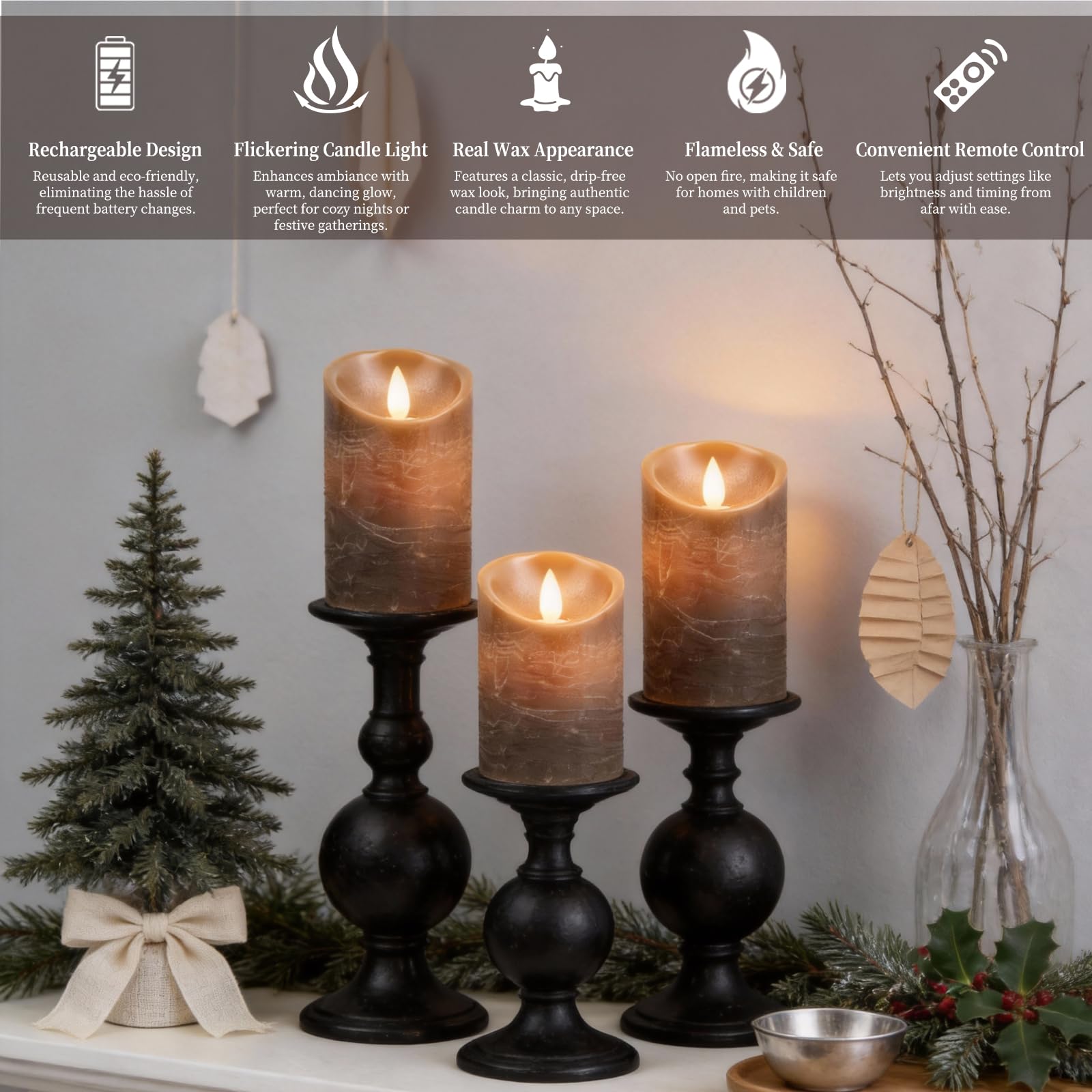 Lot de 3 Bougies LED pour Intérieur et Extérieur avec Télécommande à 10 Touches, sans Flamme, Cire Véritable, Effet Flamme Vacillante, Décoration pour Noël, Anniversaire, Mariage, Fête, Marron
