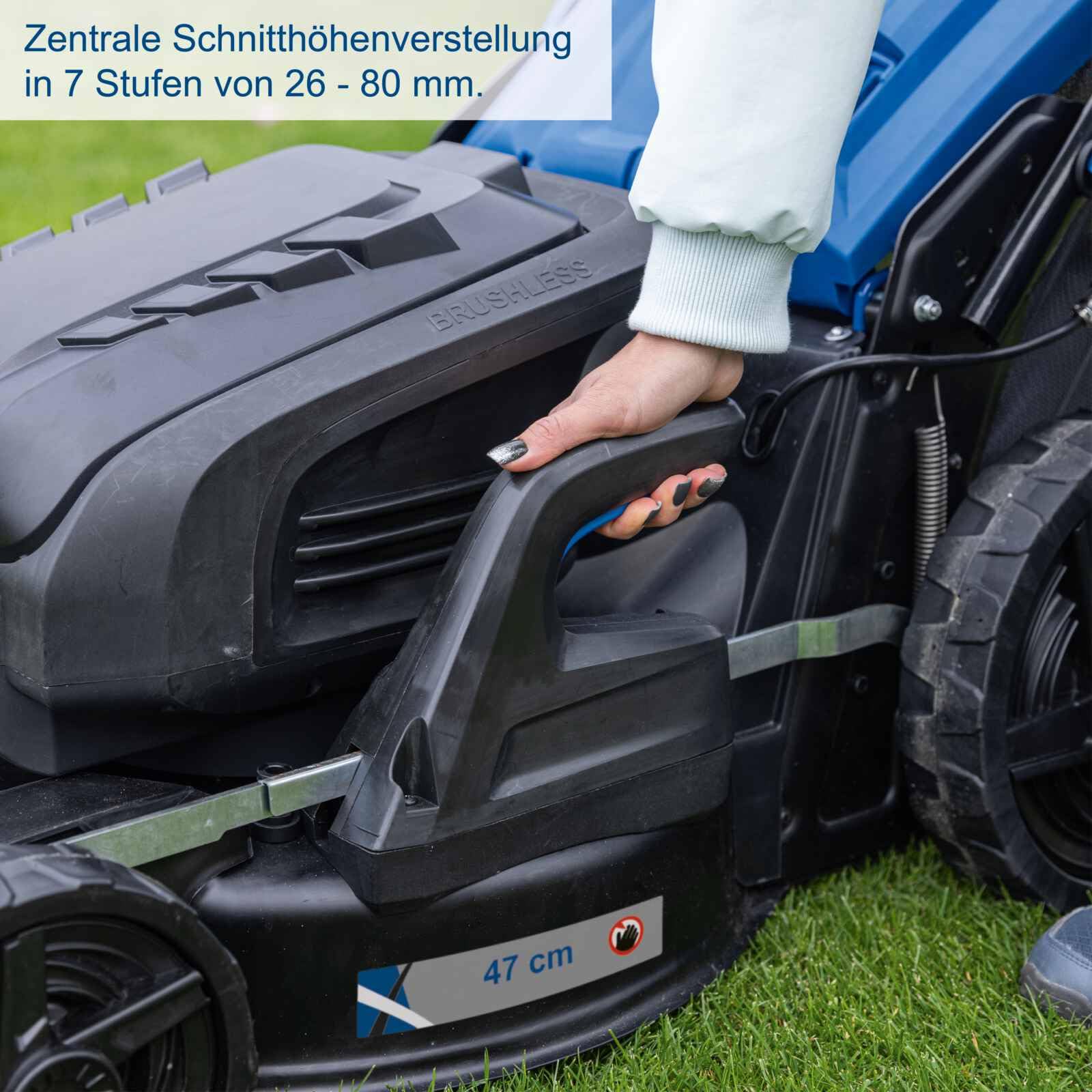 Scheppach Akku Rasenmäher BC-MP470-X mit Varioantrieb | Schnittbreite 47cm | Fläche bis 700m² | Seitenauswurf, Mulcheinsatz | 20V-IXES-Serie | 10 Jahre Garantie | mit 4X 4Ah Akku & 2X Doppelladegerät