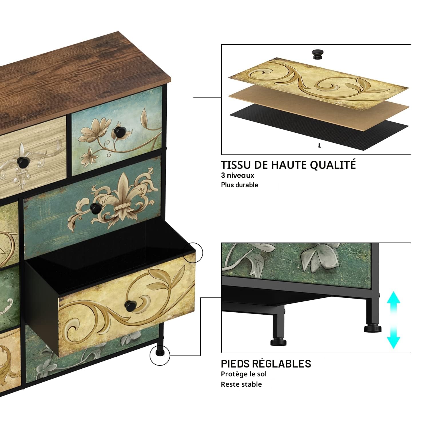 VEDECASA Commode à 9 tiroirs pour chambre, armoire industrielle, cadre en métal, plateau en bois, tiroirs en tissu, pour salon, chambre d'enfant, couloir, rustique