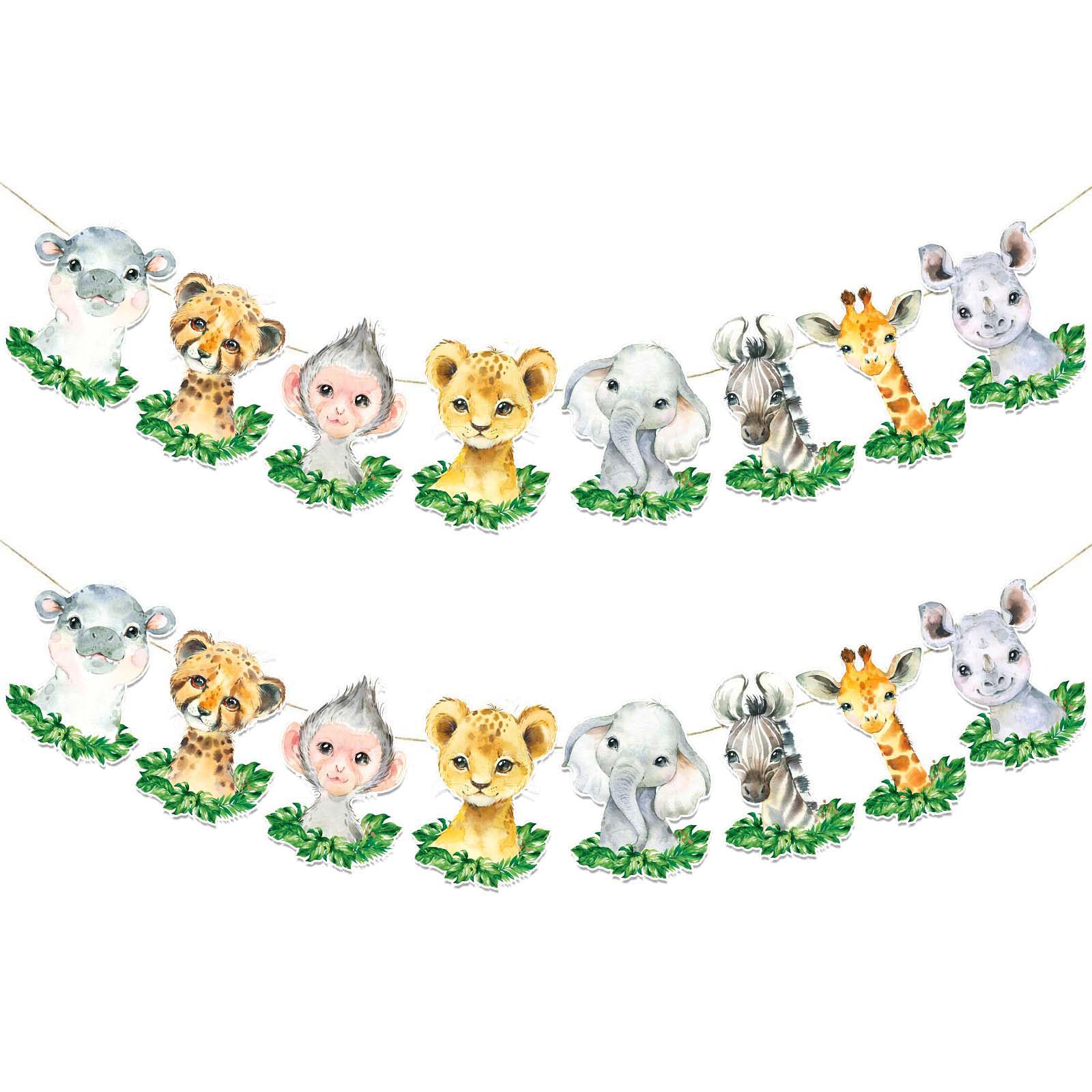 2Pcs Safari Animals Baby Shower Banner, Jungle Baby Shower Decorations, Wild One Birthday Party Decorations for Boys Kids, Double Sided Safari Jungle