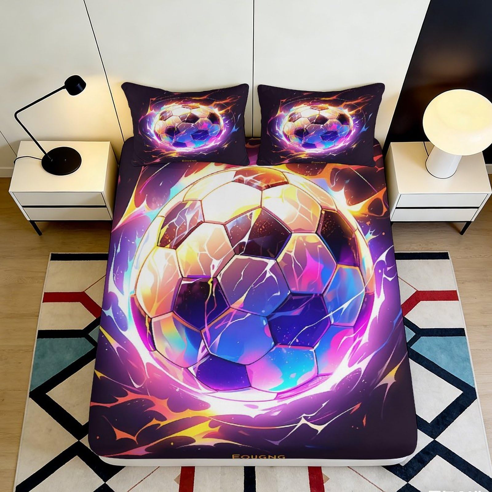 3D Printed Flaming Soccer Ball Fitted Sheet Microfiber Soft Slip-Resistant Bed Cover for Bedroom Dorm Mattress Decor 90x200x25cm