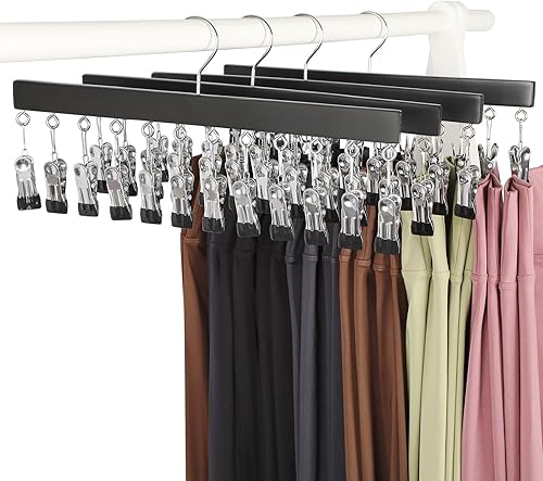TOPIA HANGER Organizador de leggings para armario, perchas de madera negra con 12 clips de metal, 4 paquetes con capacidad para hasta 48 pantalones,