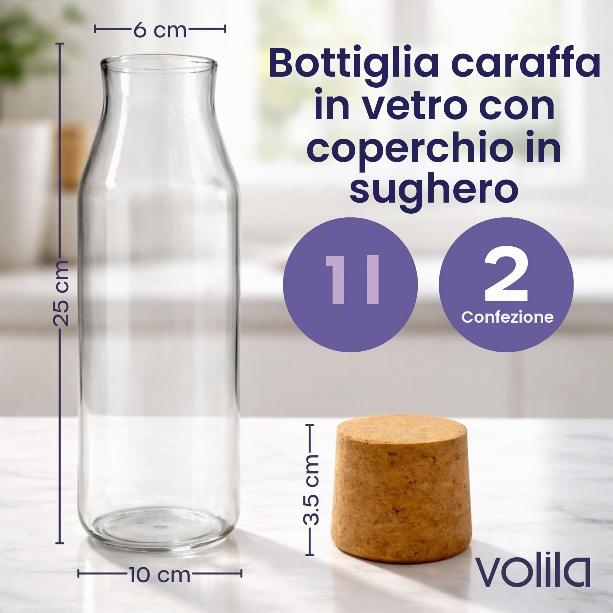 Caraffa per acqua da 1 litro, confezione da 2 caraffe in vetro con coperchio per bevande fredde, latte e succhi di frutta, bottiglie di vetro versatili per conservare detersivi
