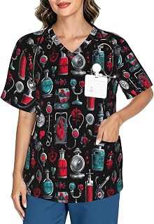 Women's Scrub Top V Neck Nursing Shirt -Healthcare Symbols