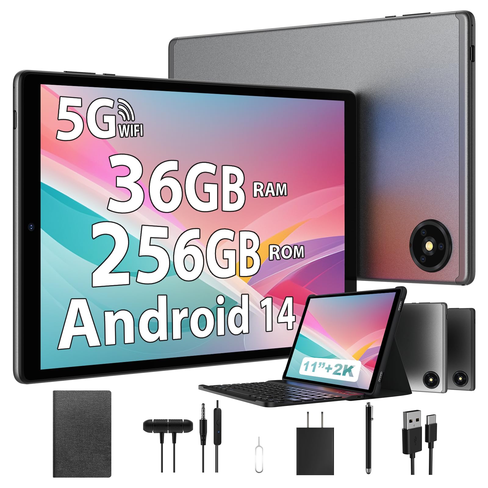 BEYNIVAN Tablet touch da 10 pollici Tablet con 4G LTE /5G Wi-Fi, 36 GB+128 GB(1 TB TF), Android 14,8000 mAh,13 MP+8 MP,BT 5.0,GPS,Tablet con tastiera, Grigio