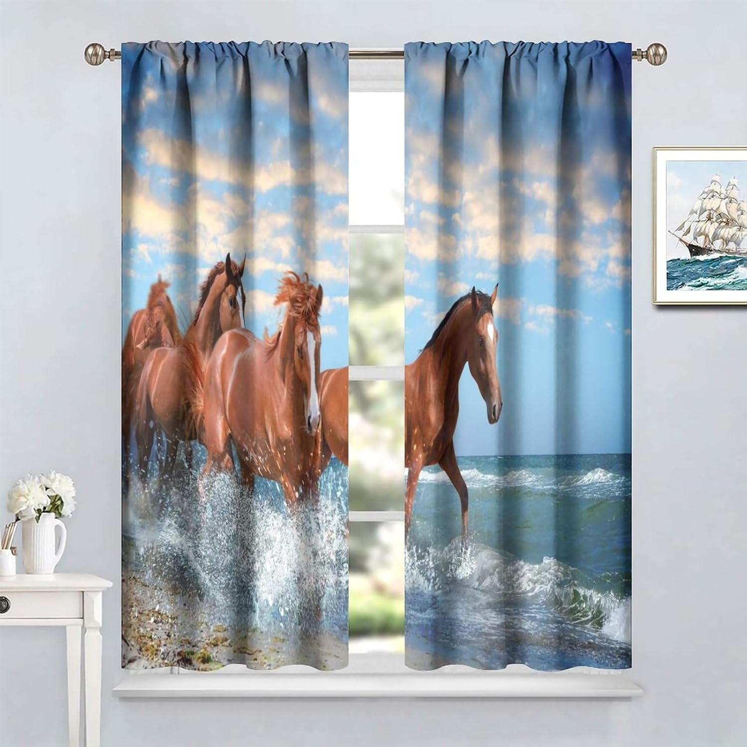 Horse Window Curtain, Rustic Western Theme Blackout Window Drapes Wild Animal Running Galloping Horses Patterned Window Treatment for Bedroom Living Room Farmhouse Decor 2 Panel Sets,63x63 Inch