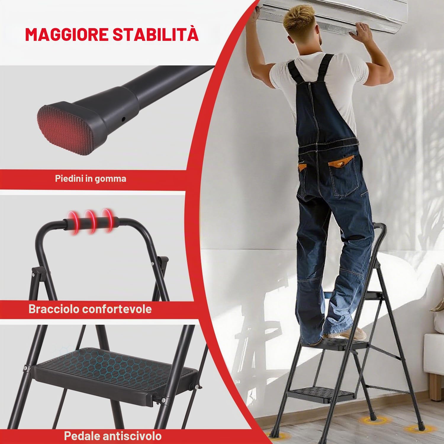OUTIGO Scala a pioli pieghevole a 3 gradini, piccola scala con impugnatura in gomma, design antiscivolo, realizzata in lega di acciaio di alta qualità, capacità di carico fino a 150 kg, scala portati