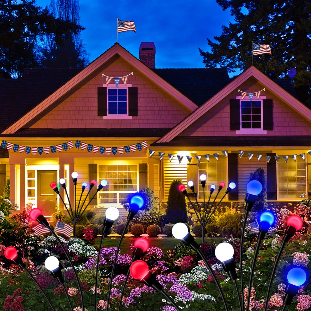 sunmileSolar Garden Lights Outdoor, 2 Pack 12 LED Solar Blue Red and White Firefly Lights Waterproof, Sway by Wind, Solar Swaying Light for Yard Patio Backyard Garden Pathway Outdoor Decoration