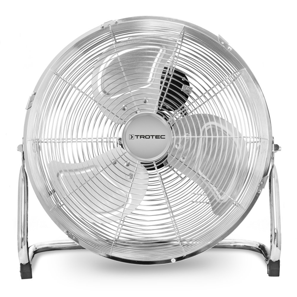 TROTEC Bodenventilator TVM 14 – 44 Watt, Neigungswinkel 100°, 3 Stufen, Ø 35 cm, kippfester Stand, leise, Silber