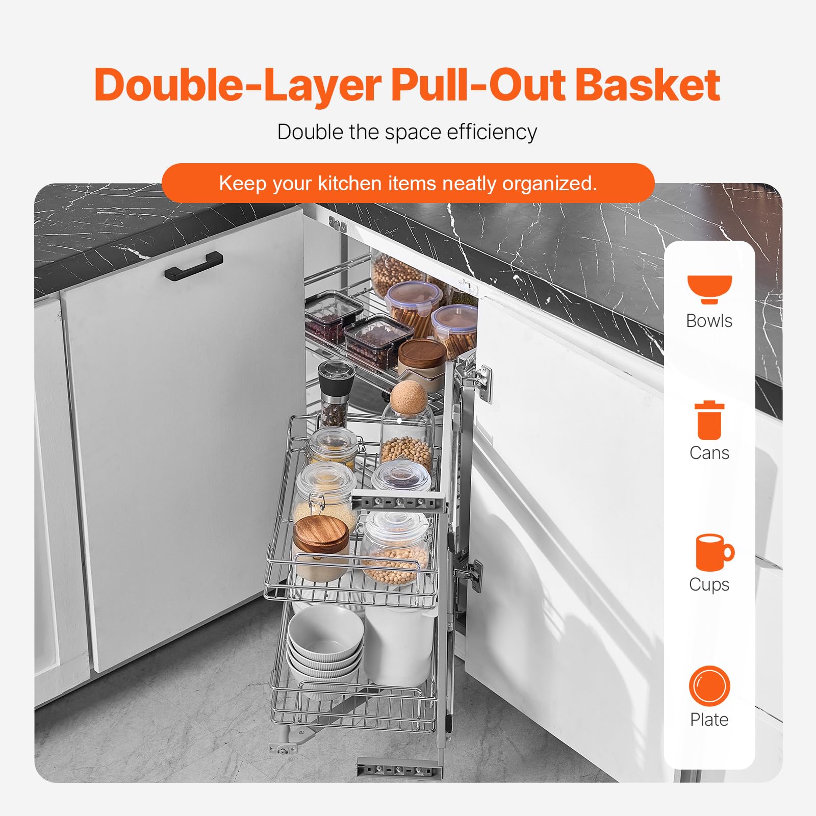 VEVOR Cieco Angolo Estraibile Organizzatore, 2 Tier 4 Ripiani Organizer per Mobile da Cucina, Cestino Portaoggetti in Acciaio al Carbonio Cromato con Apertura a Sinistra Destra 860 x 535 x 560 mm