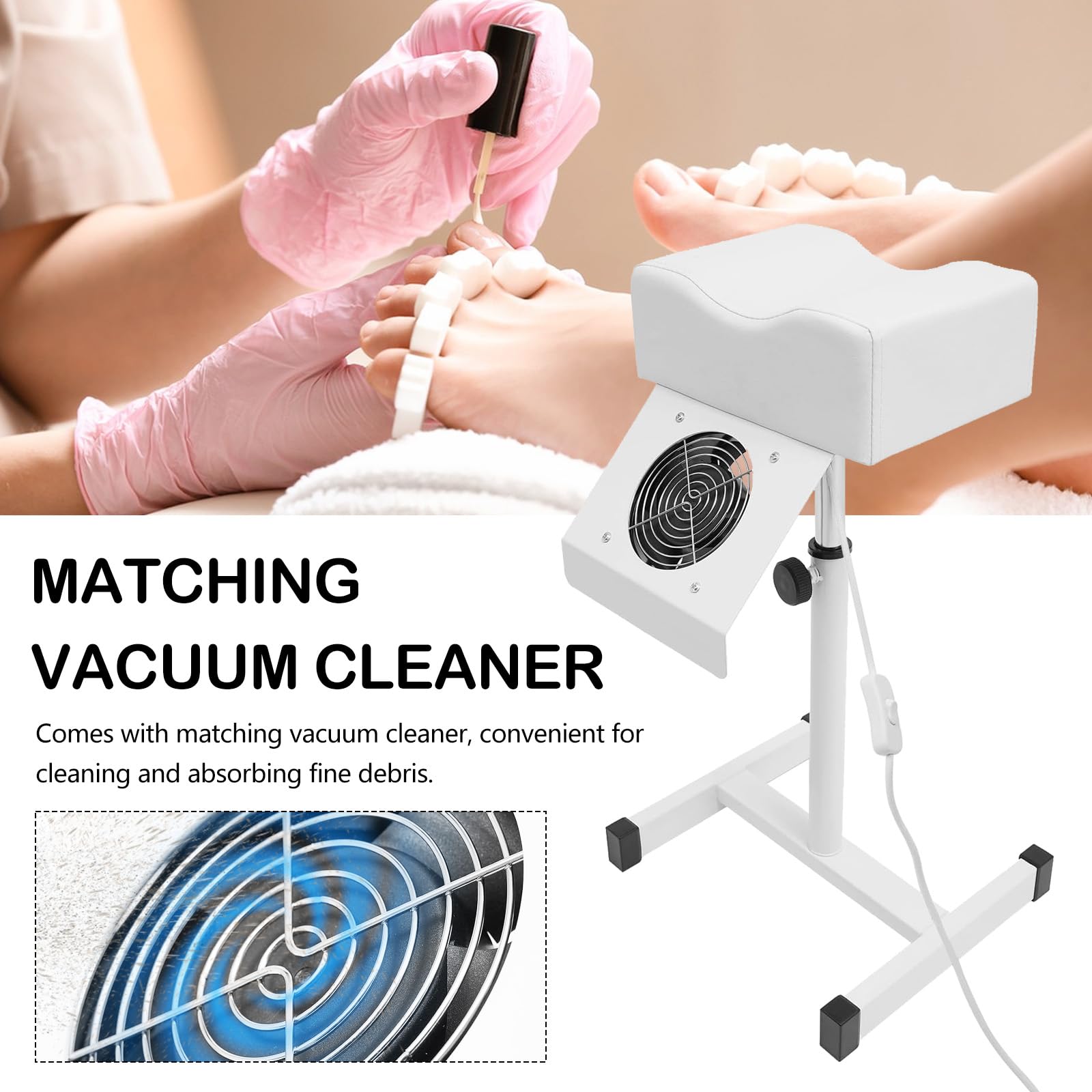 Silla de Pedicura Móvil BONJUME, Reposapiés con Altura Ajustable de 48-80CM, para Salón de Belleza y Estudio de Uñas, Blanco, Material: Acero y Piel Sintética