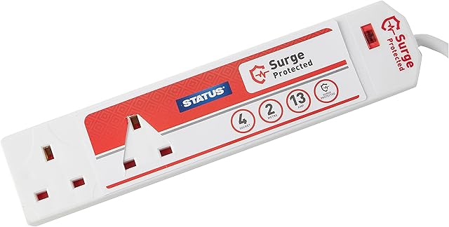 Status S4W2MSPS9 4-Way Surge Protection Extension Socket with Neon Indicator, White, 10.0 cm*10.0 cm*5.0 cm