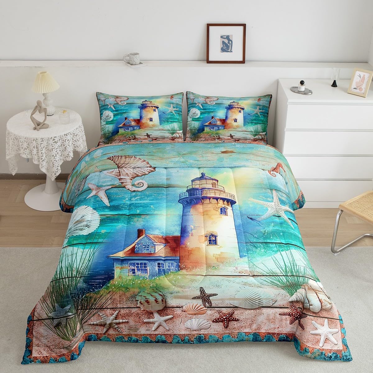Lighthouse Comforter Set Queen Size,Watercolor Sea Beach Starfish Shell Bedding Set for Women Adult,Rustic Farmhouse Barn Green Board Luxury Bed Duvet Insert, 2 Pillowcases