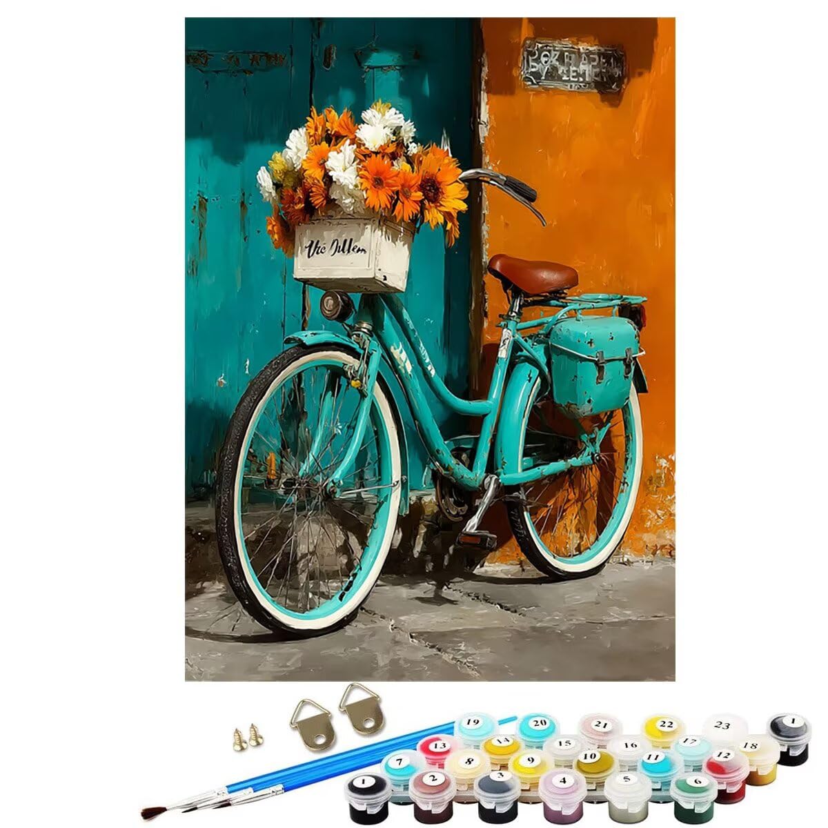 Fahrrad Blume Malen Nach Zahlen Erwachsene, Paint by Numbers Adult Anfänger Kreativ Set für, Heimwerk Malen Nach Zahlen Kinder, 3 Pinsel und 36 Acrylfarbe Als, für Deko Wohnzimmer 60 x 80 cm BJHWK635