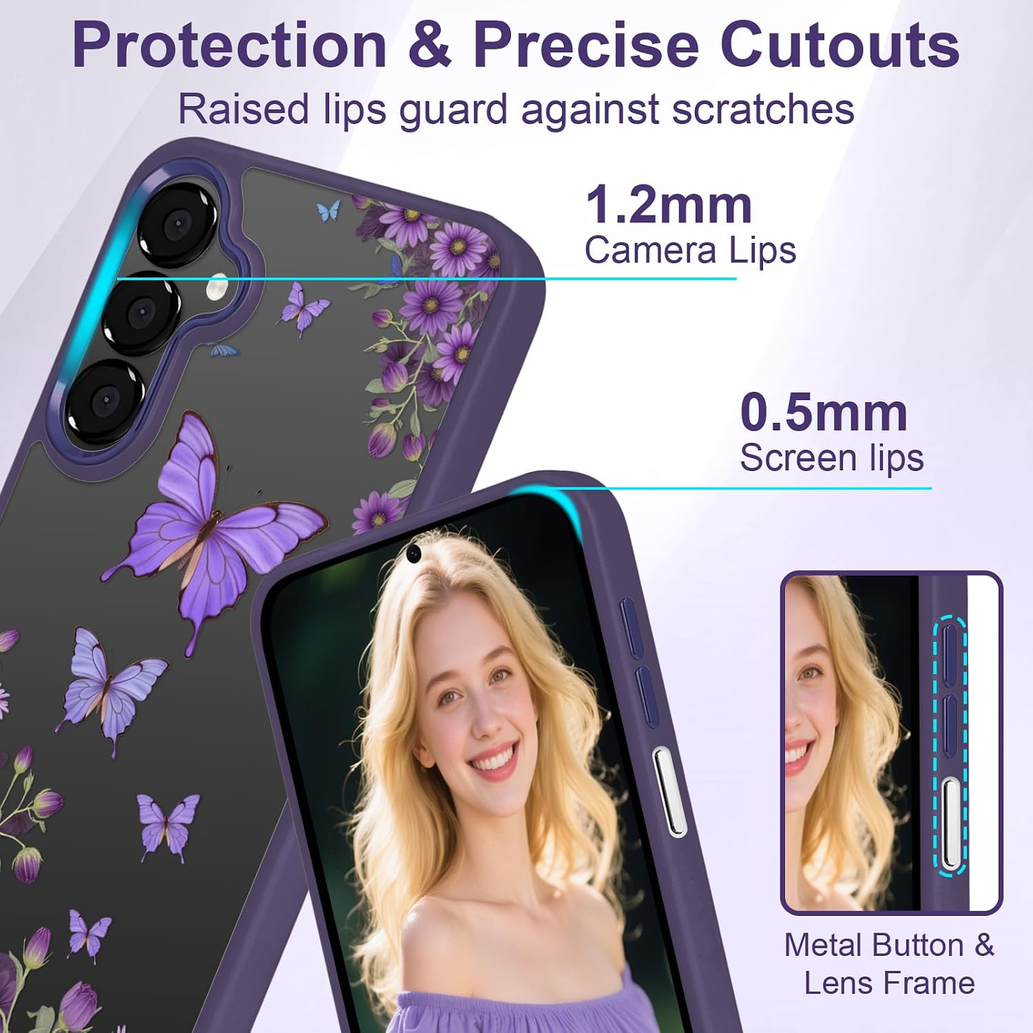 for Samsung Galaxy A16 5G Case（6.7 inch） with Tempered Glass Screen Protector Slim TPU & Hard PC Crystal Clear Cover, Elegant Cute Floral Pattern Design for Girls Women -Butterfly/Deep Purple
