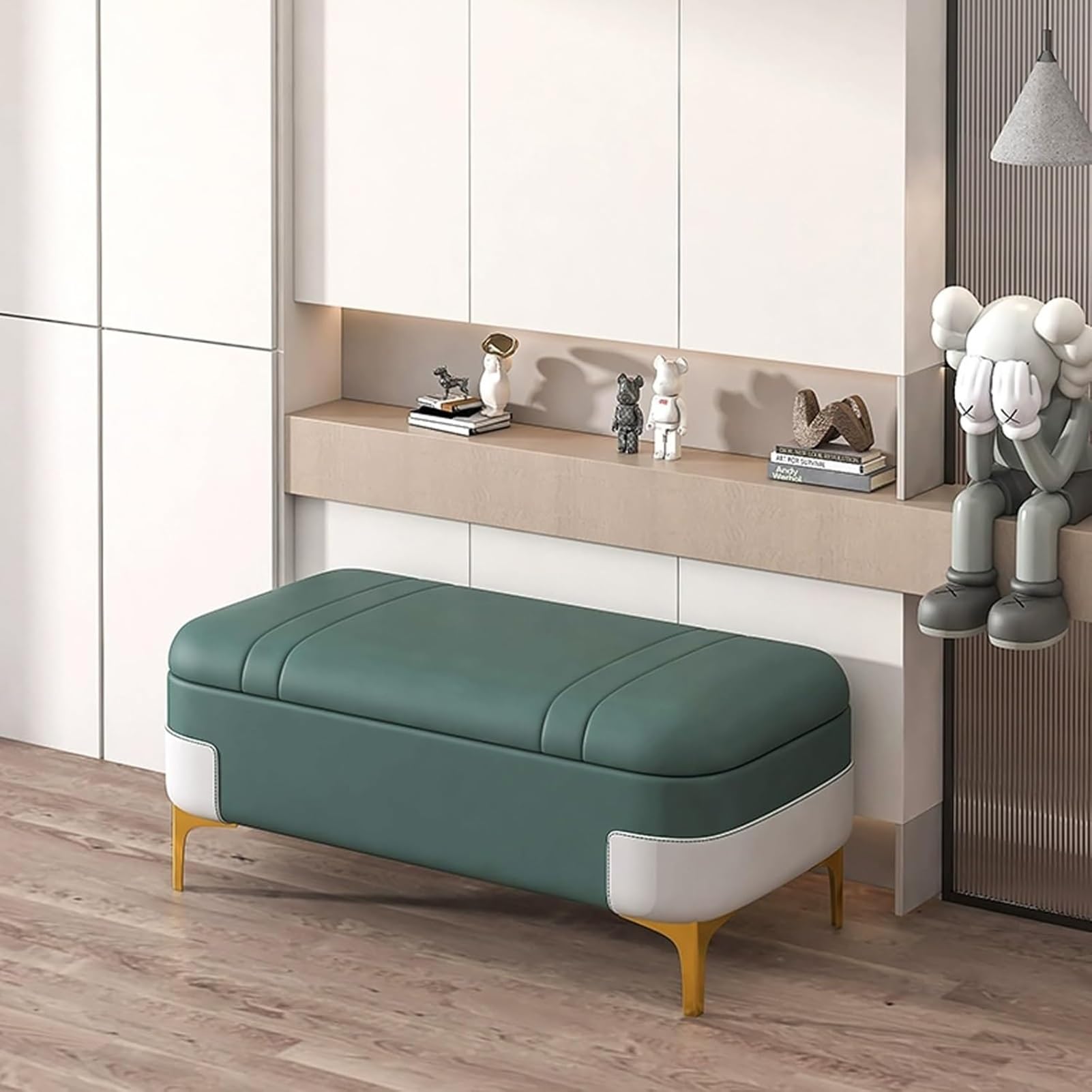 Banc à chaussures couloir bleu meuble rangement entrée long banc rembourré moderne 80cm