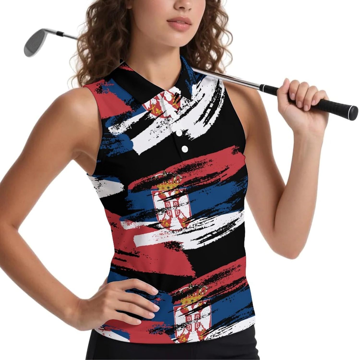 Vintage Serbian Flag Women's Golf Shirt Sleeveless Polo Shirts Tank Tops Blouses Tennis T-Shirts Casual