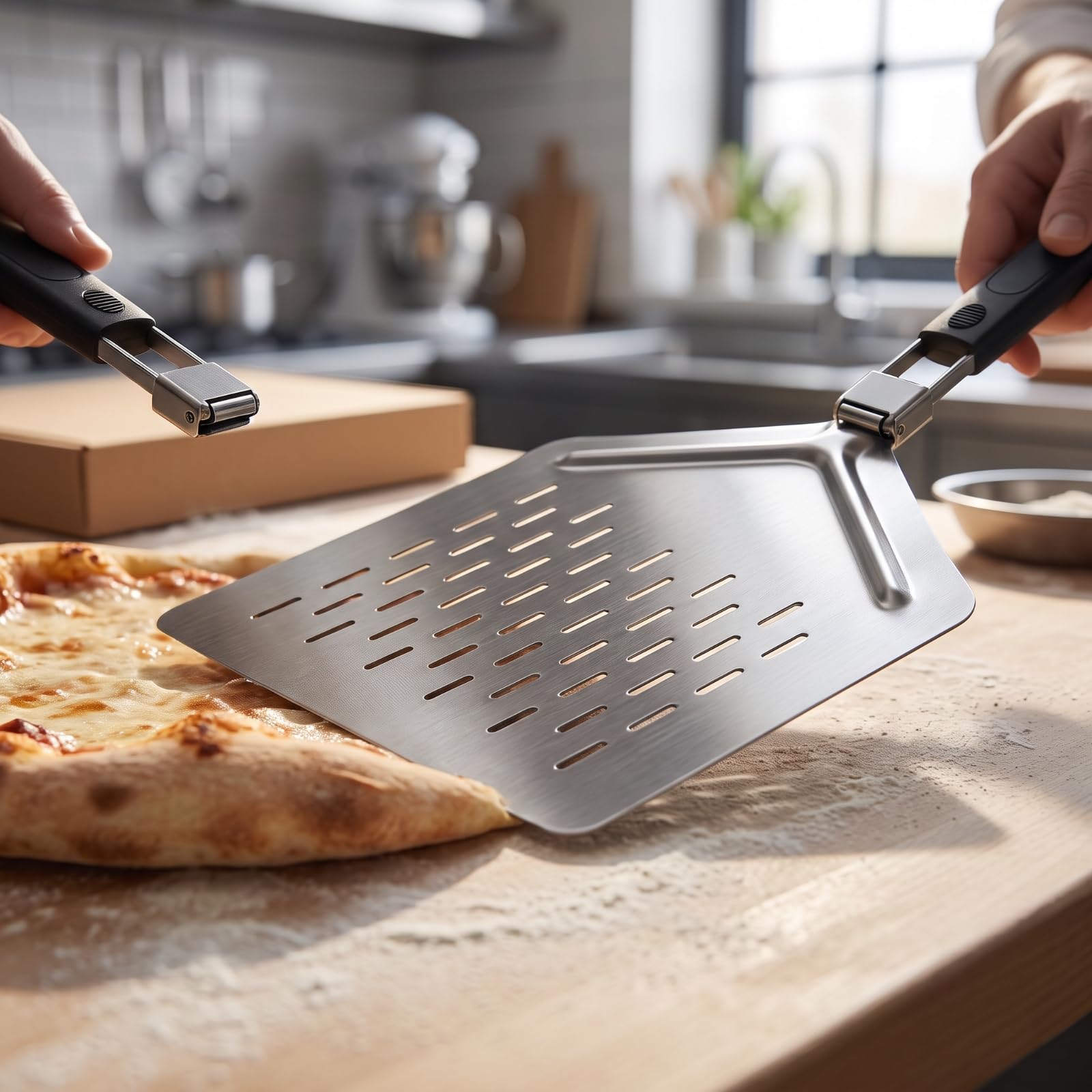 Pala per Pizza Pizza Salvaspazio Utensile Professionale per Pizzaioli, Pizzeria, Pala Per Pizza Quadrata Grande Con Superficie In Acciaio Inossidabile 430 E Manico In Gomma-plastica