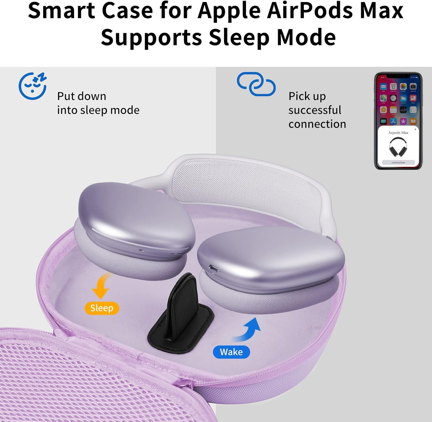 Smart Case for Apple AirPods Max Supports Sleep Mode, with Ear Pad Case/Ear Cups Cover/Headband Cover Silicone Accessories for AirPods Max Headphones,Hard Portable Carry Travel Storage Bag, Purple