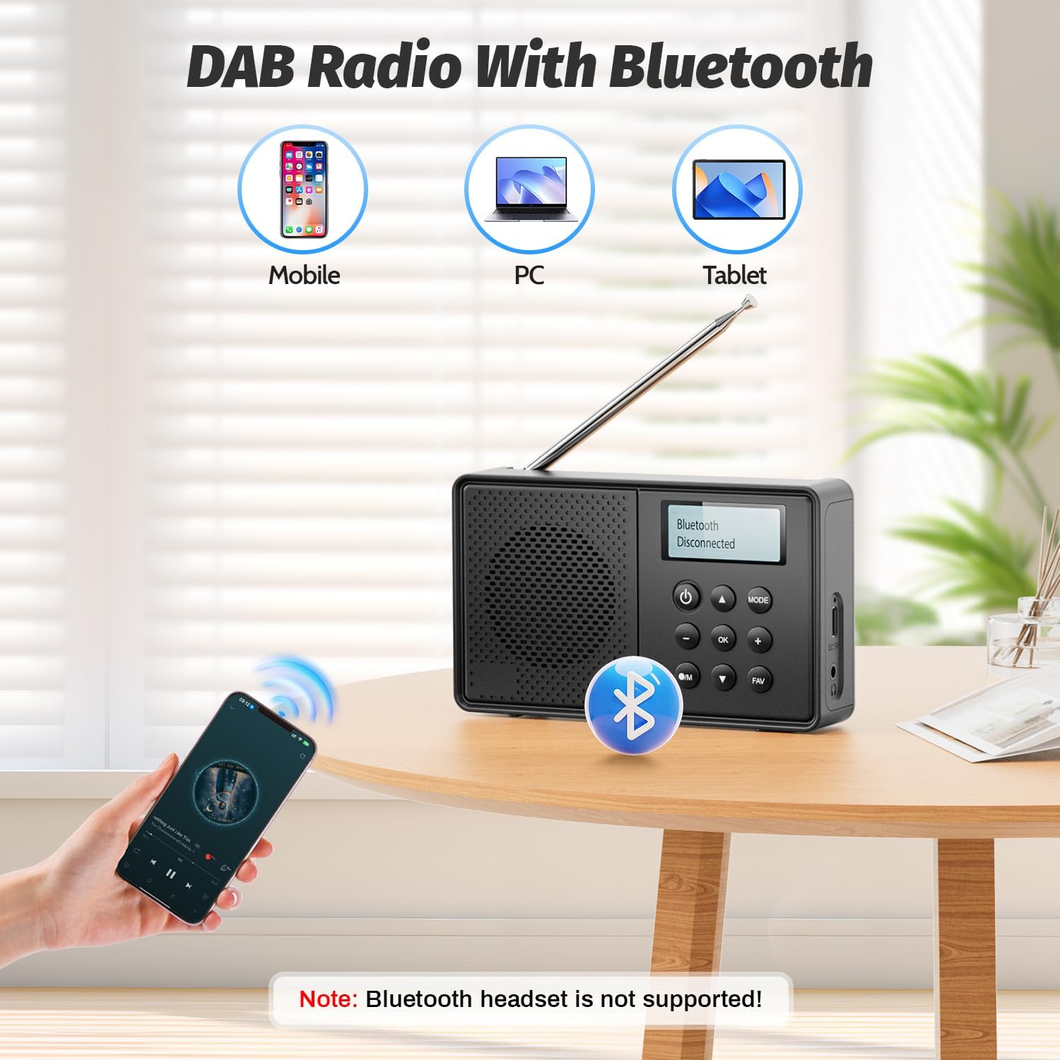 Arafuna NDR111B Portable Radio showing dual alarm and sleep timer functions