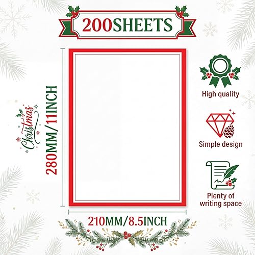 Miniatura 2 de Glenmal 200 unidades de papel de impresora de papelería de Navidad de 8.5 x 11 pulgadas, borde rojo, tamaño carta, papel de escritura para Navidad,