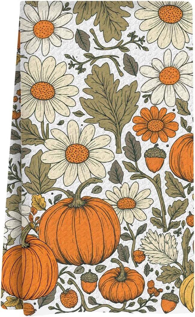 Fall Pumpkin Flower Decor Kitchen Towel, Reusable Tea Towel, Dish Towels, Suitable for Bathroom, Cooking, Home, Kitchen, Sink, Tea Parties, Autumn Atmosphere Decoration, 13.8×23.6 Inches