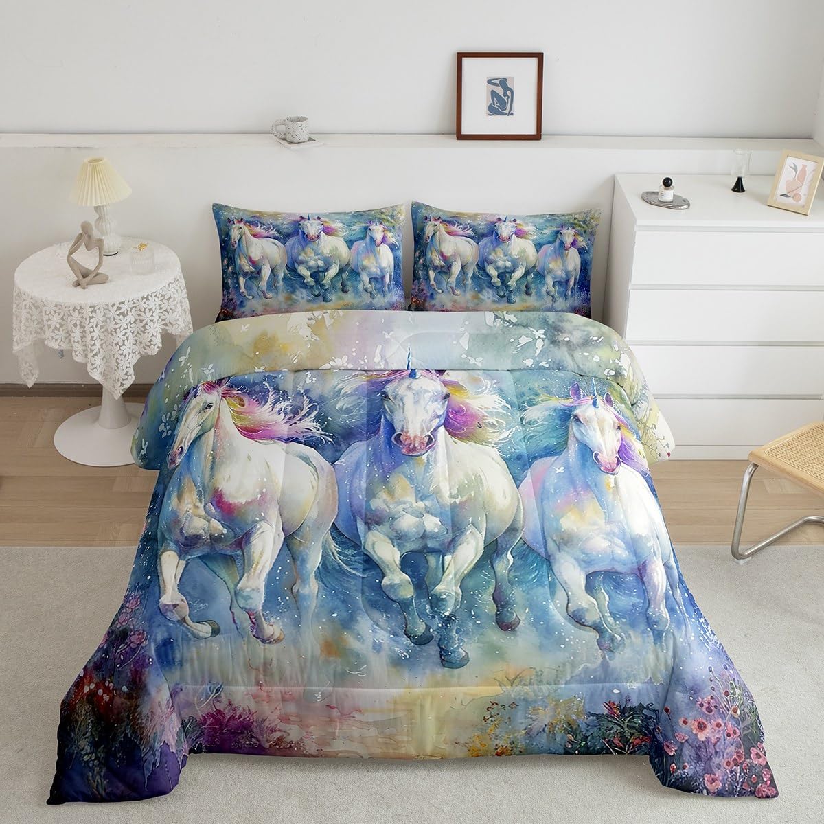 Castle Fairy Watercolor Unicorn Comforter Set Full Size White Unicorn Horse Animal Bedding Set Bedroom Decor Wild Natural Flowers Quilt Set Comfortable and Breathable Farmhouse Duvet Insert,3Pcs