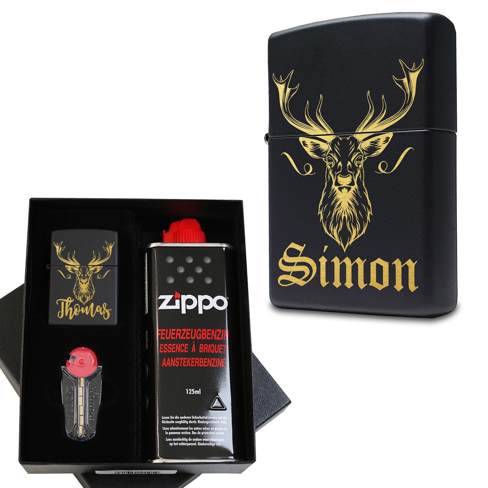 Jeleń Zippo zapalniczka z grawerunkiem spersonalizowana | prezent dla myśliwych i myśliwych Zippo z pudełkiem na prezent, benzyną i krzesiwem