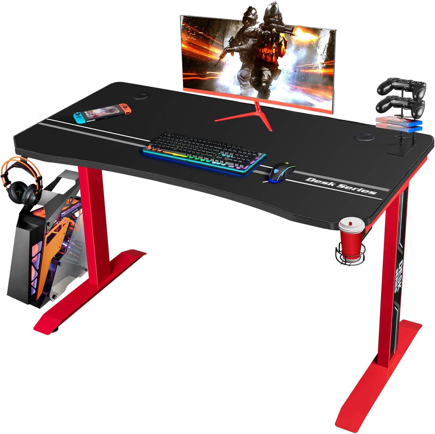 Furmax 44 Inch Gaming Desk T-Shaped PC Computer Table, Home Office Desk Carbon Fibre Surface Workstation with Free Full Coverage Mouse Pad, Cup Holder and Headphone Hook, Red