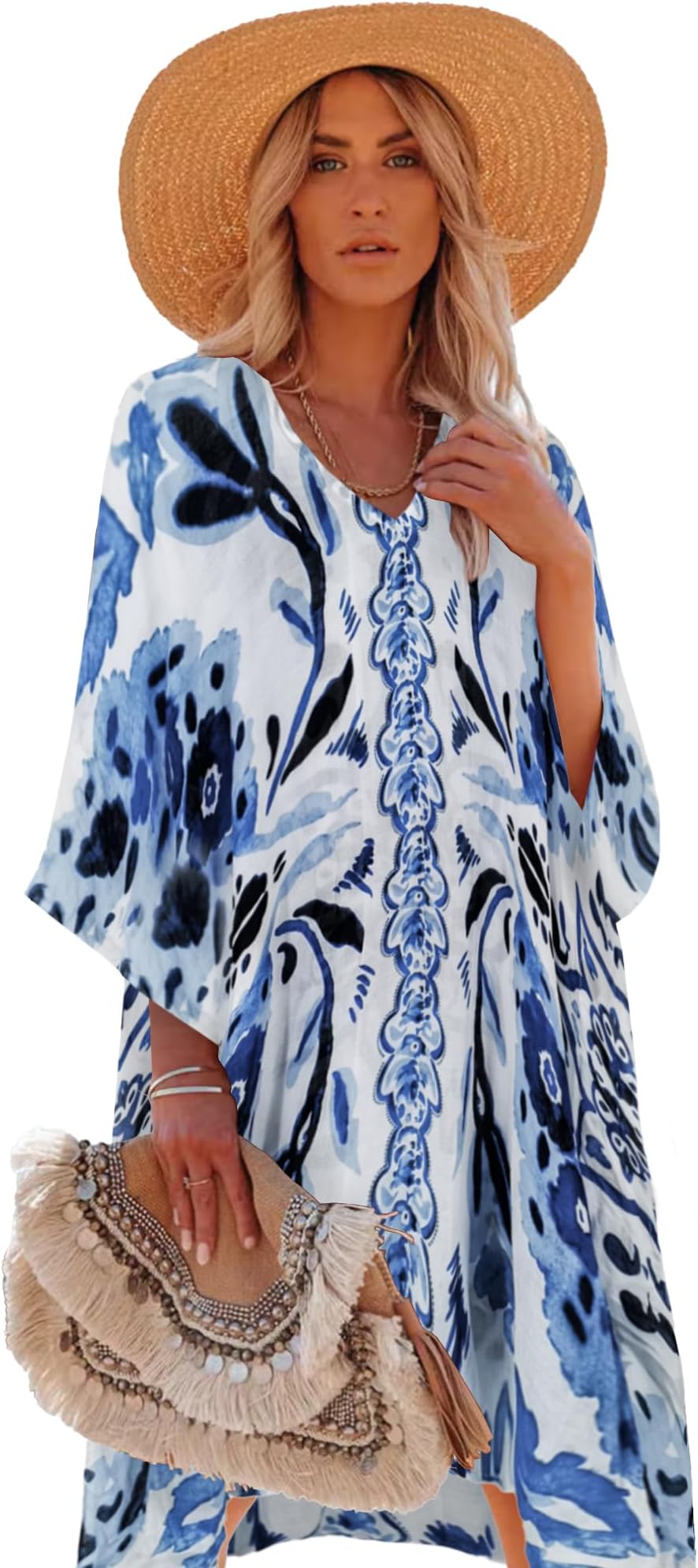 Moss RoseWomen's Swimsuit Cover up Beach Kaftan for Bathing Suit with Floral Pattern