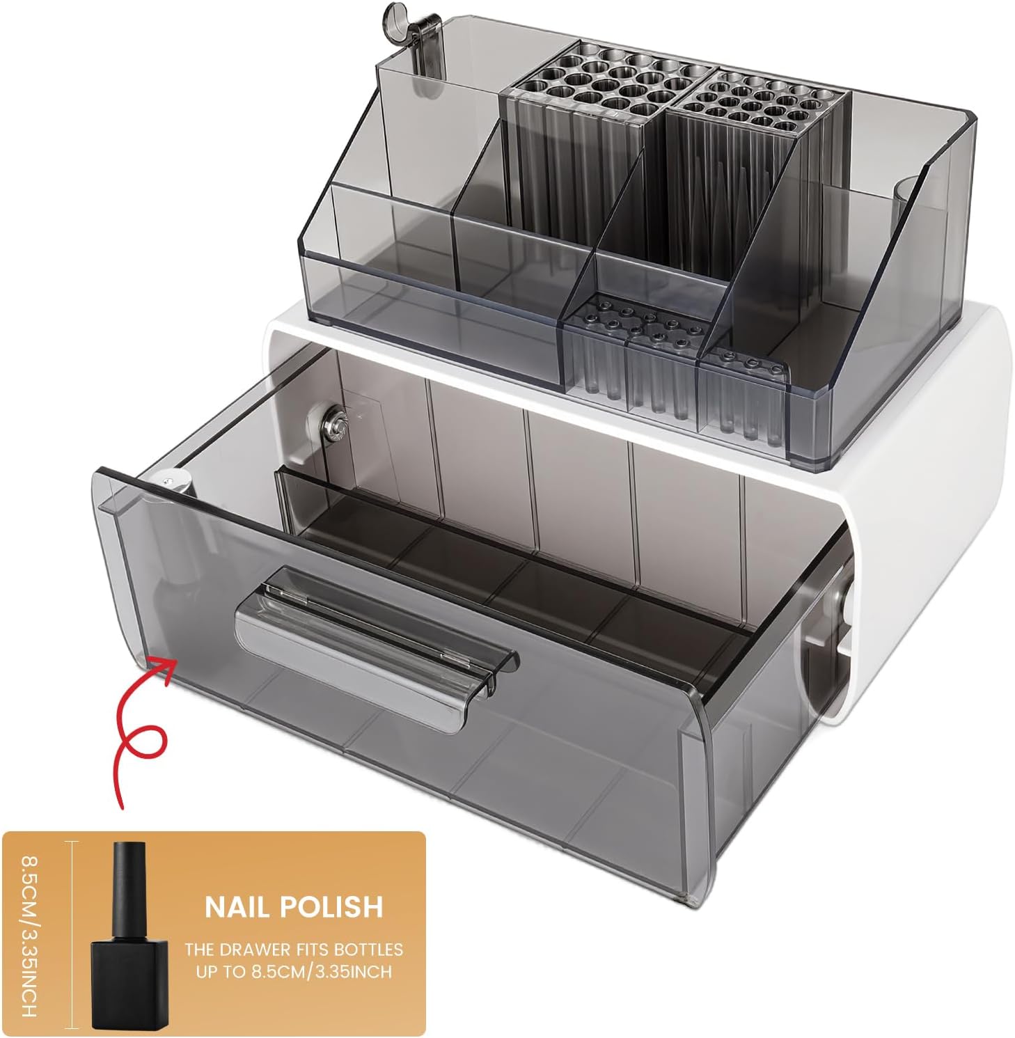 Nail Tech Desk Organizer Case: 2 Layers Nail Tech Organizers with Nail Polish Storage Drawer- 53 Holes Nail Drill Bits & Nail Brushes Pens Holder for Manicure Nail Supplies (Grey)