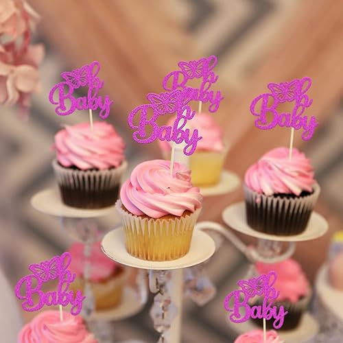 Miniatura 6 de Gyufise 24 adornos de mariposa Oh Baby para cupcakes con purpurina morada para baby shower, decoración para temática de mariposa, baby shower,