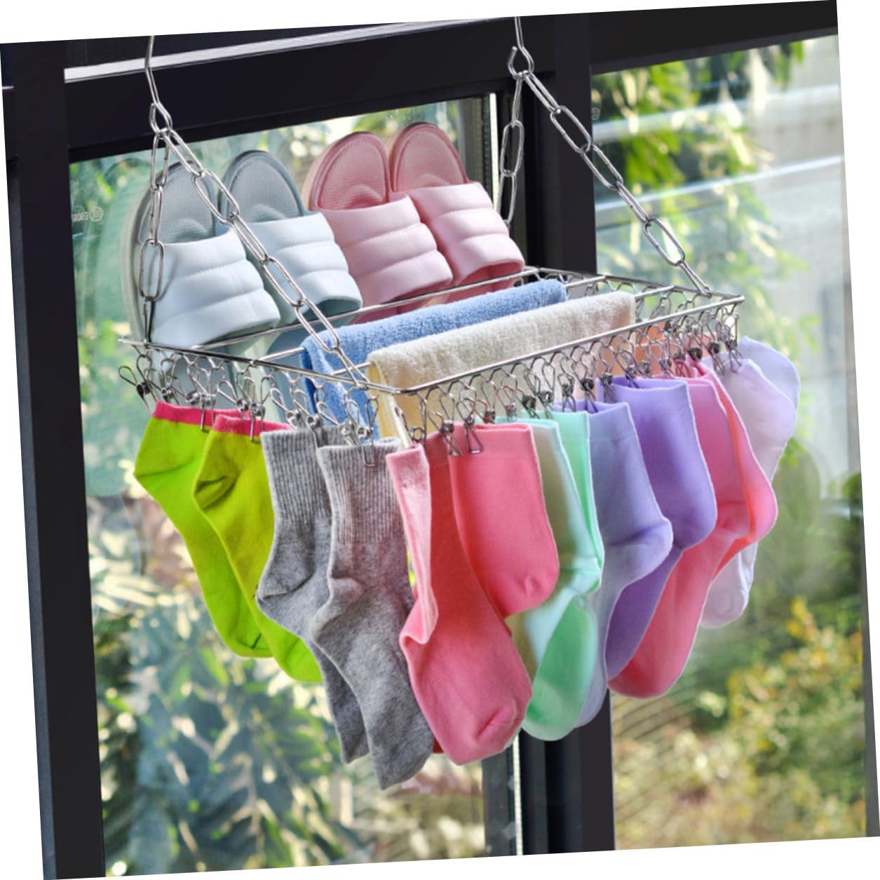Stainless Steel Multifunctional Home Drying Rack Clothes Hanger Windproof Socks and Pants Holder 45 Clips Balcony Laundry Organizer