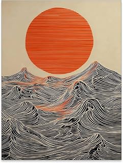 Japanese-style red sun and ocean waves canvas art