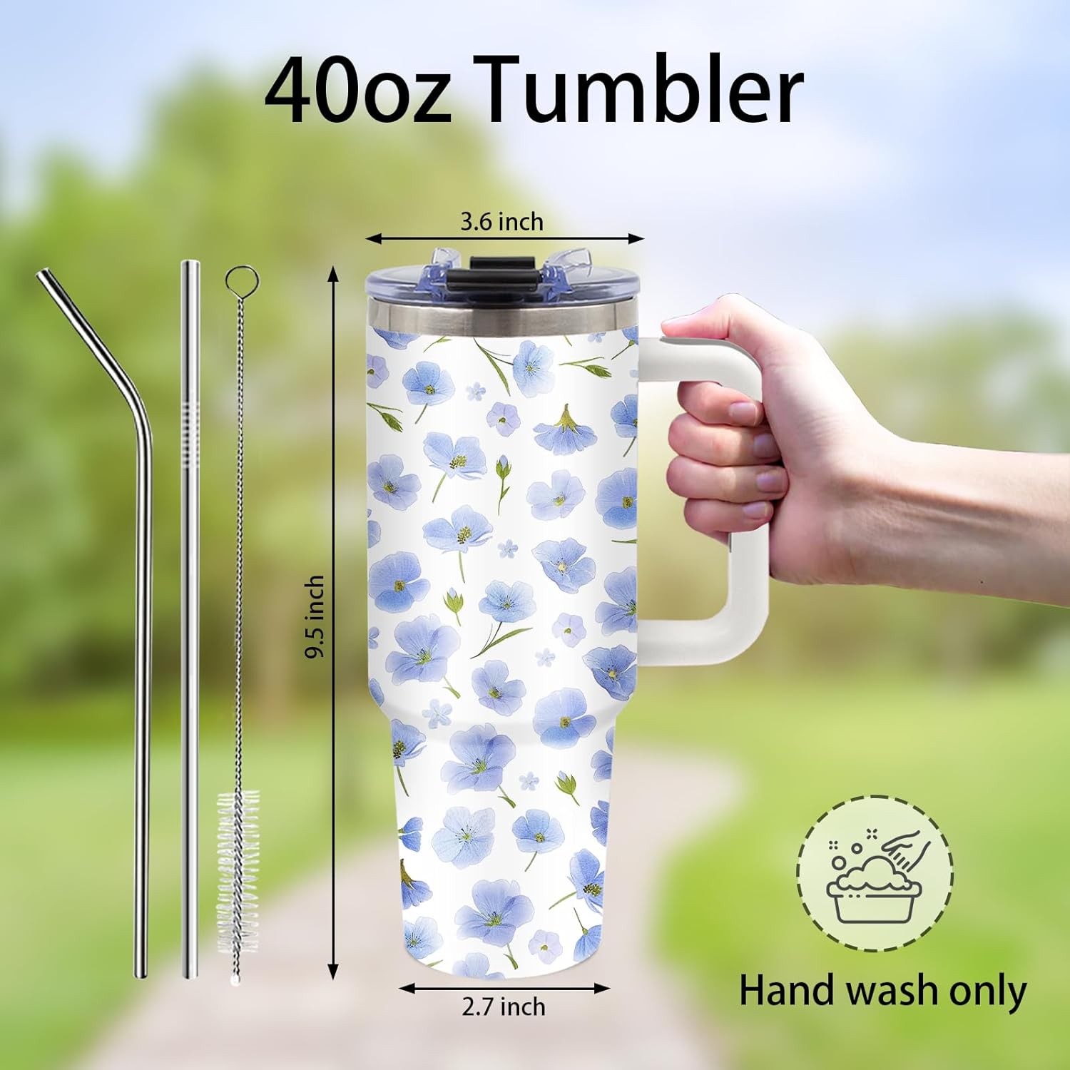 Aesthetic Blue Flower Themed Tumbler 40oz with Handle and Straws, Leak - proof, Stainless Steel Insulated Travel Coffee Mugs for Women, Gifts Birthday Cup - Image 2