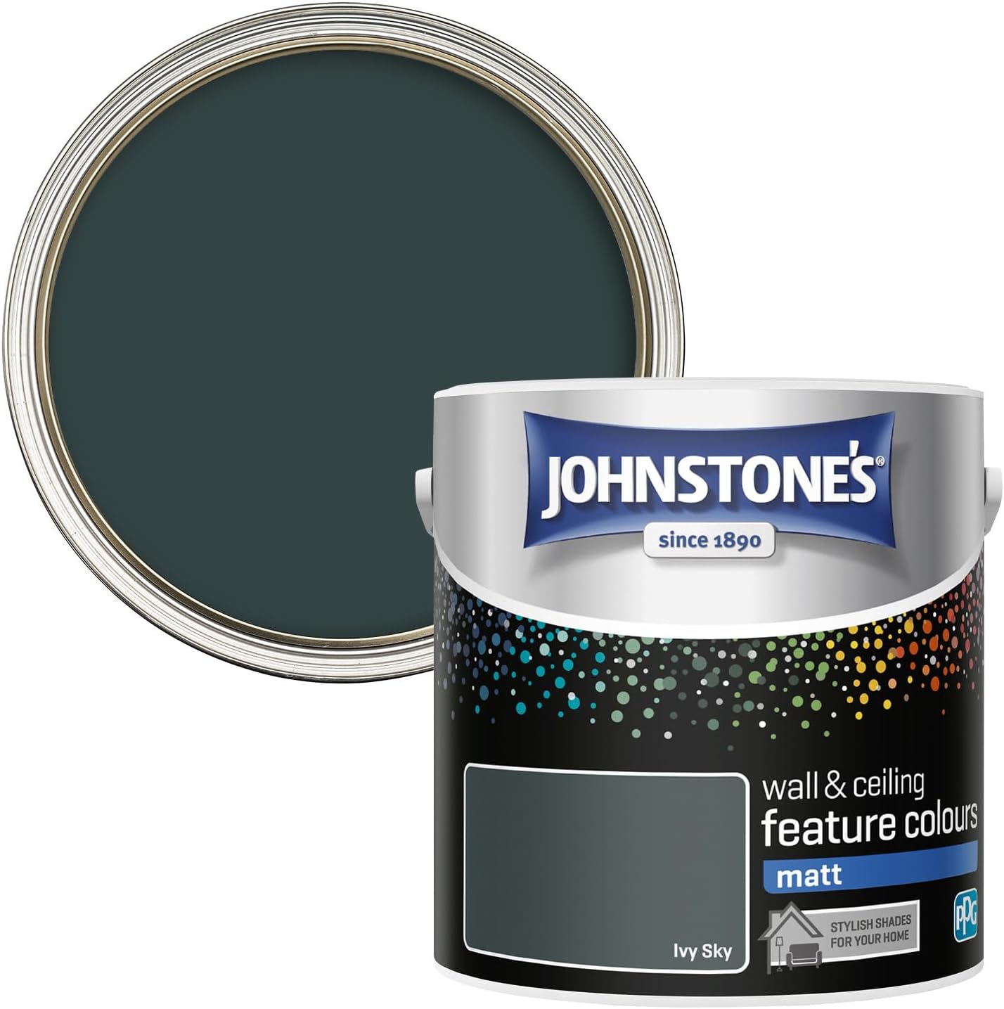 Johnstone's Feature Colours Paint, Ivy Sky, Matt Finish, 35m2 Coverage per Tin, 2.5L, Green