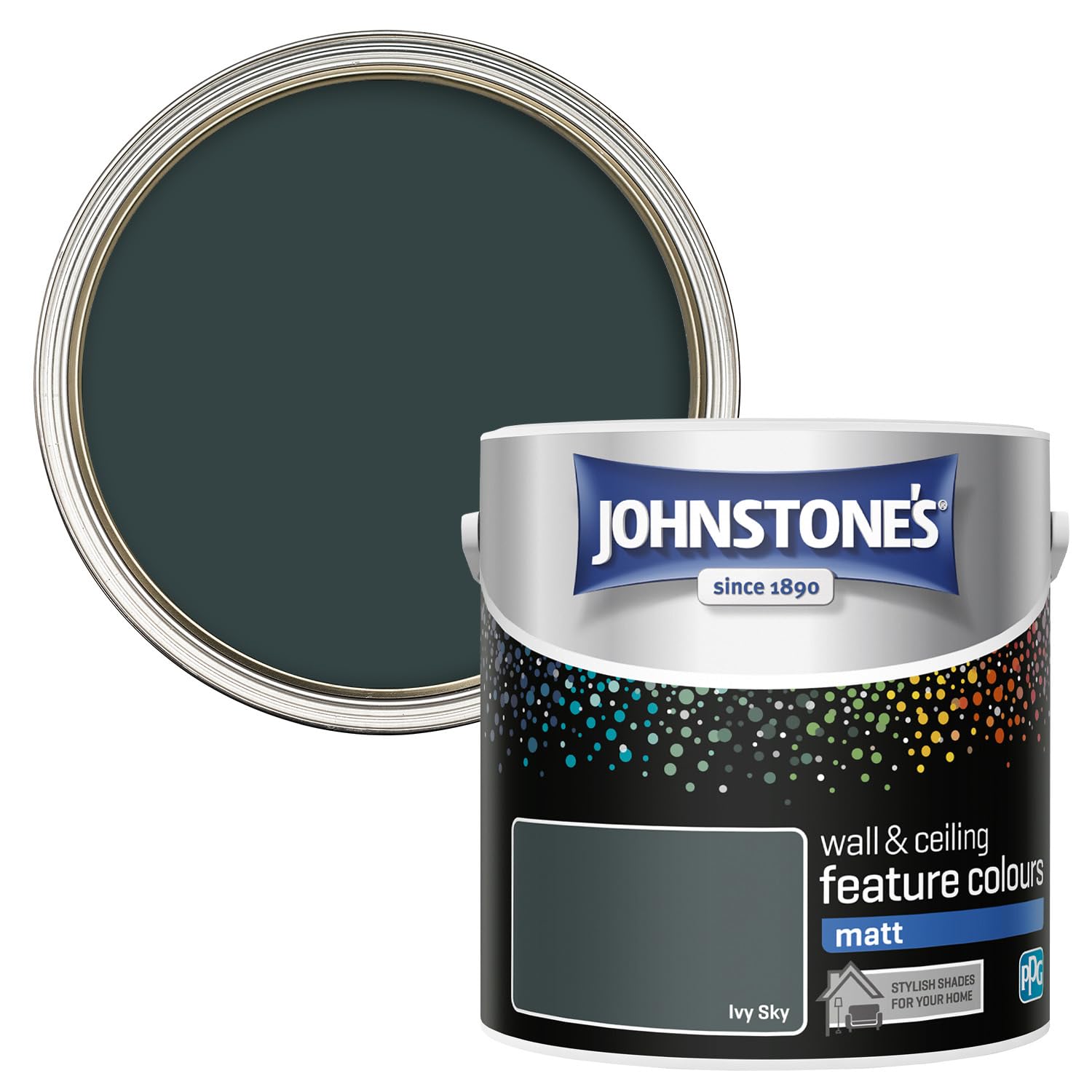 Johnstone's Feature Colours Paint, Ivy Sky, Matt Finish, 35m2 Coverage per Tin, 2.5L, Green