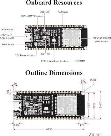 ESP32-S3 Development Board N16R8 16MBFlash + 8MB S RAM, 2.4GHz Wi-Fi and Bluetooth 5, 240MHz Dual Core Processor, ESP32-S3-WROOM Module, for AIoT Projects, with External Dual-Band Wi-Fi Antenna