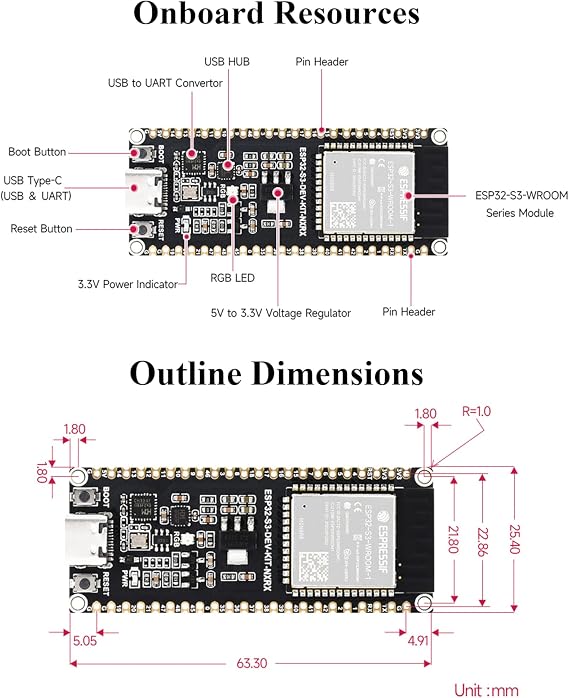 ESP32-S3 Development Board N16R8 16MBFlash + 8MB S RAM, 2.4GHz Wi-Fi and Bluetooth 5, 240MHz Dual Core Processor, ESP32-S3-WROOM Module, for AIoT Projects, with External Dual-Band Wi-Fi Antenna