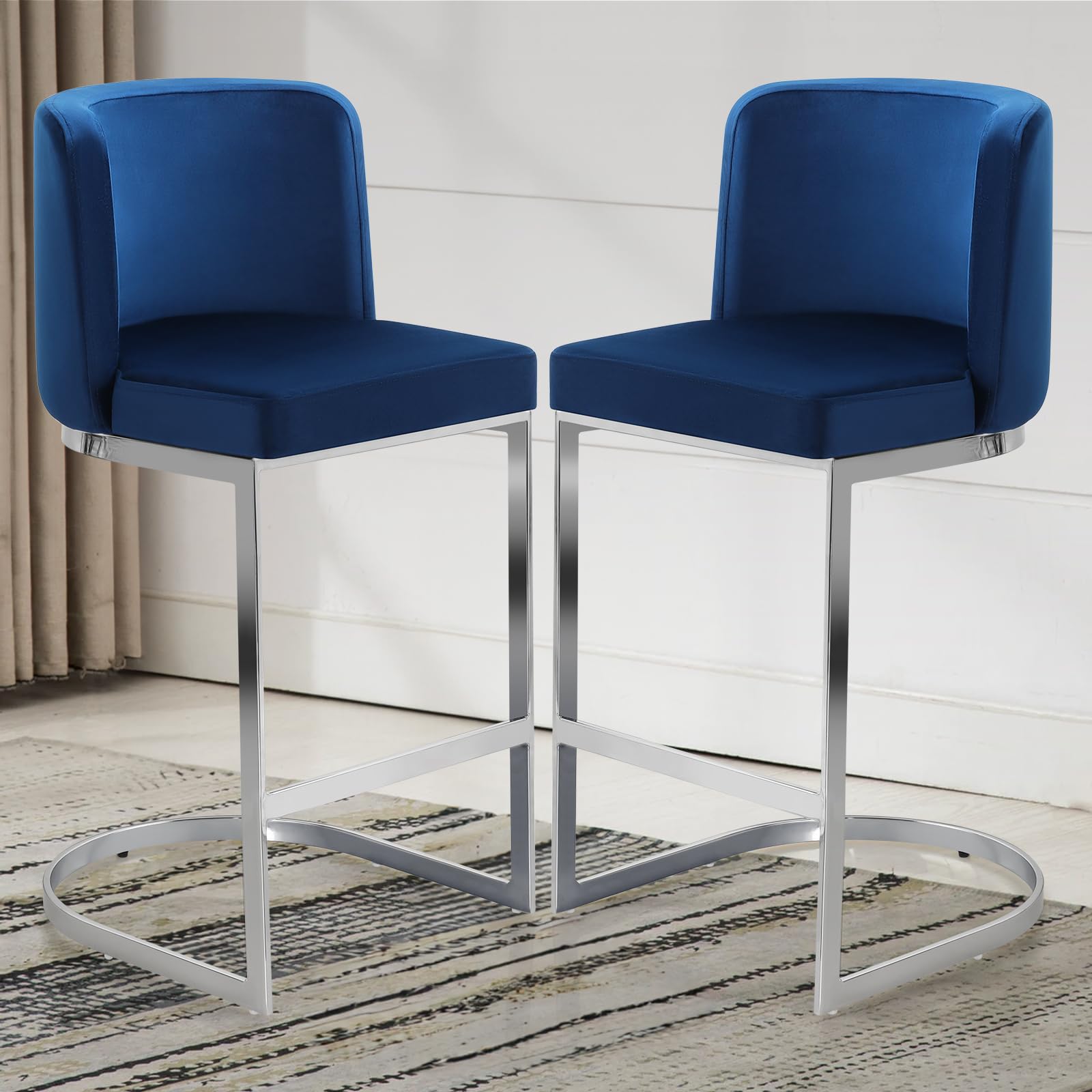 Counter Height 26" Bar Stools Set of 2 Modern Velvet Barstools with Back and C-Shaped Metal Frame, Upholstered Bar Chairs Counter Stool for Kitchen Island, Home Bar, Pub, Blue