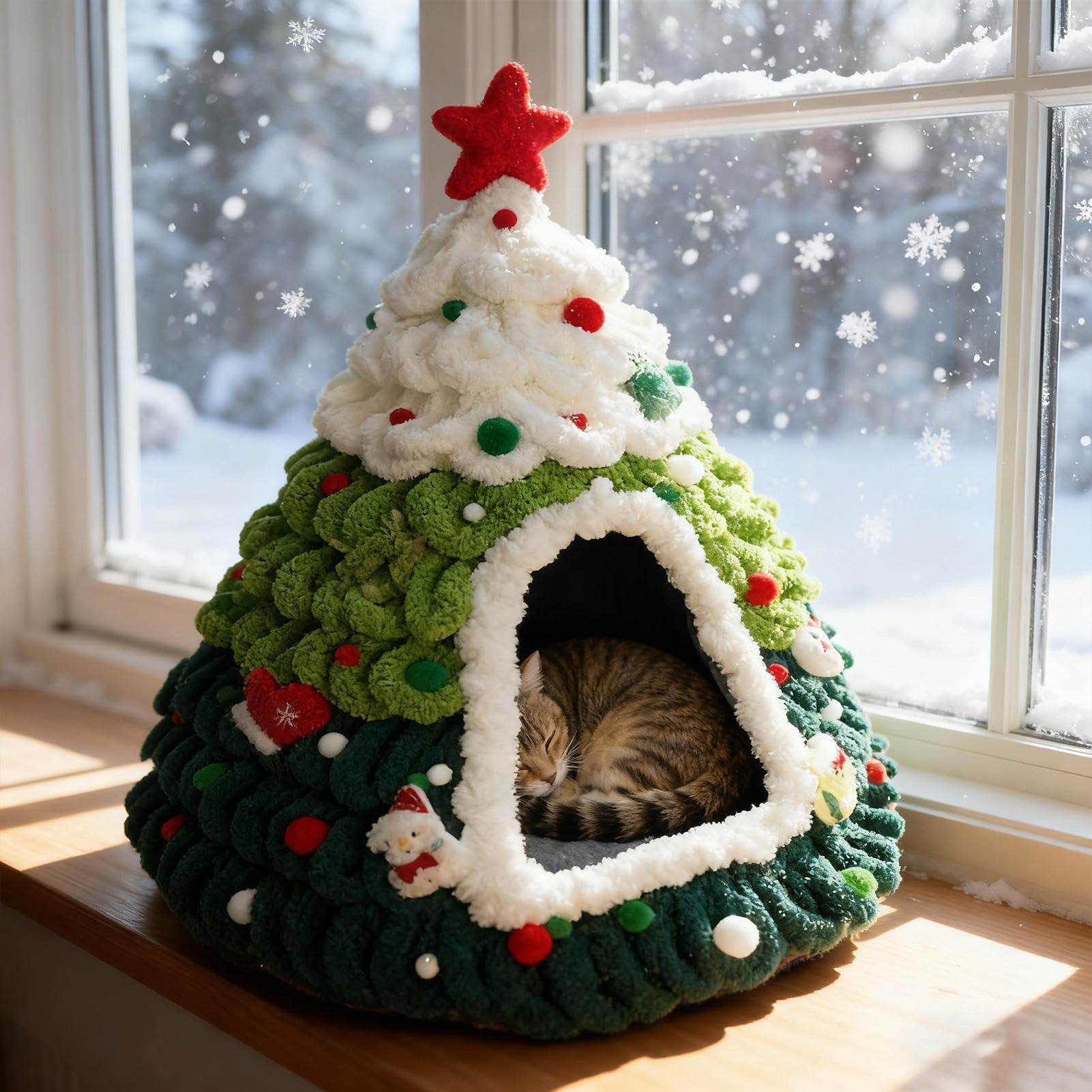 Katzenbett Höhle Gestrickt Weiches Tannenbaum Design Unterschlupf