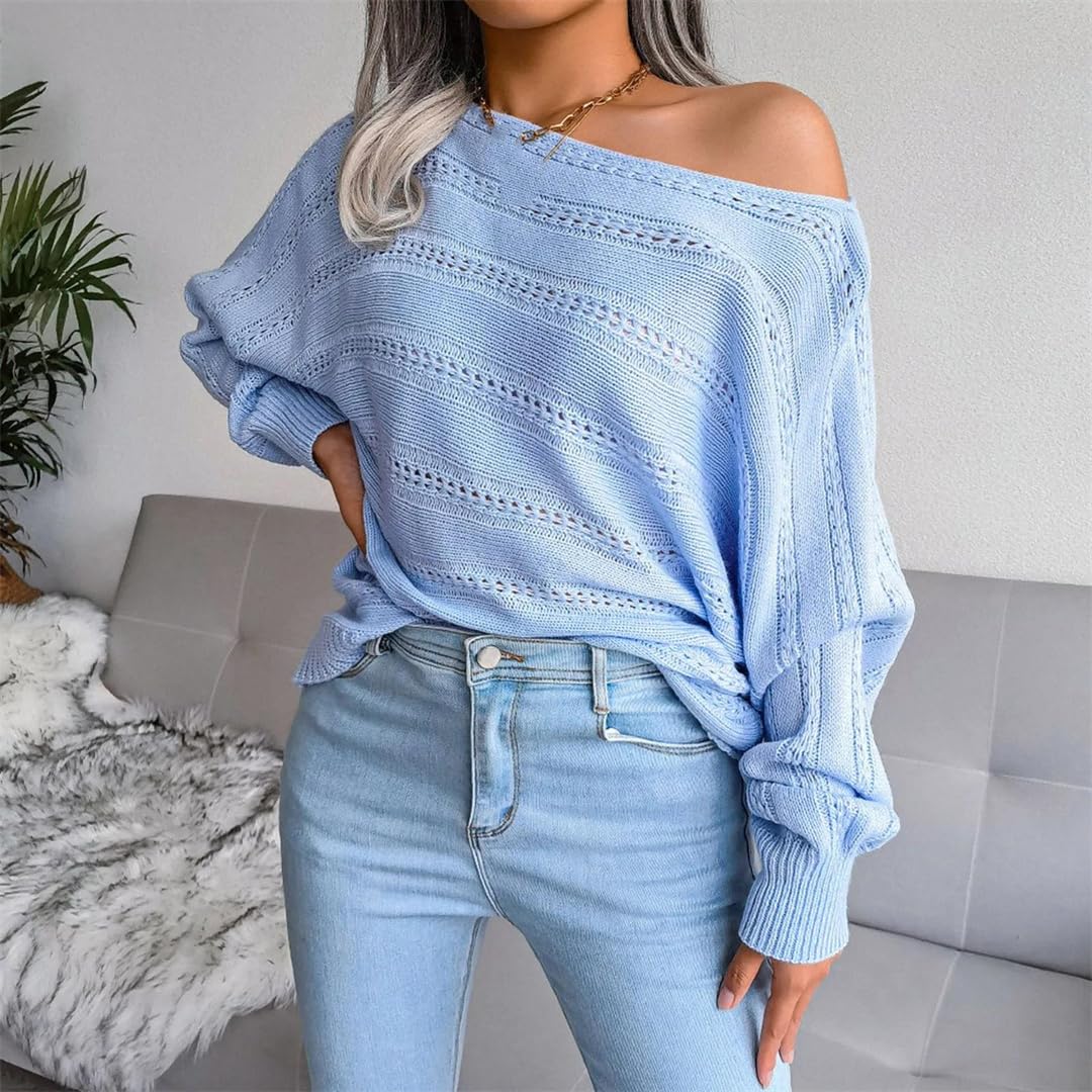Kelsiop Maglione da donna autunno inverno con spalle scoperte scava fuori cavo maglia maglione vestibilità ampia casual top