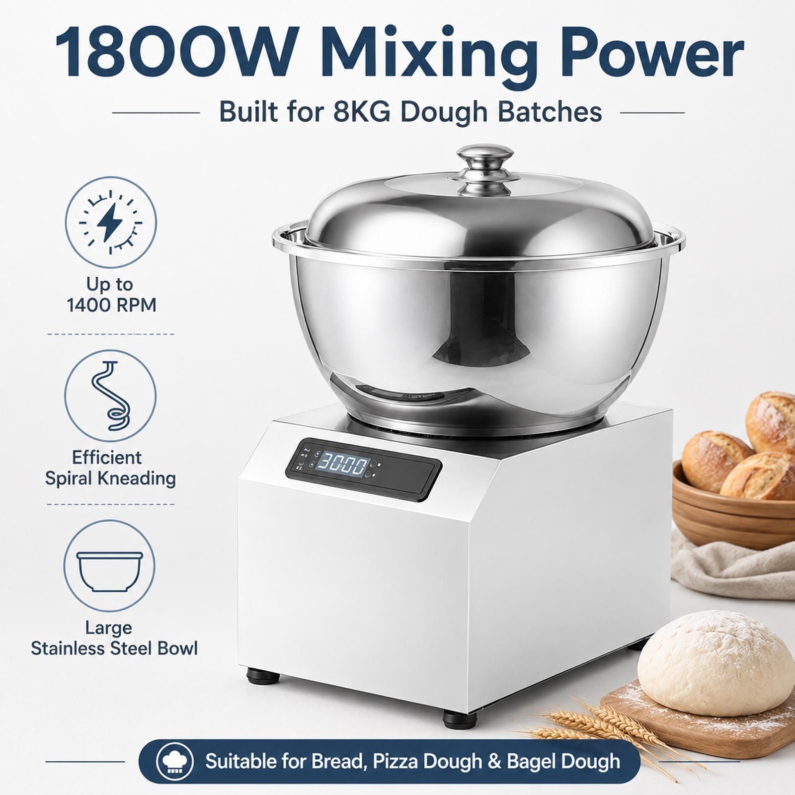 Impastatrice a Spirale 8 kg 1800W con Timer e Vasca Removibile