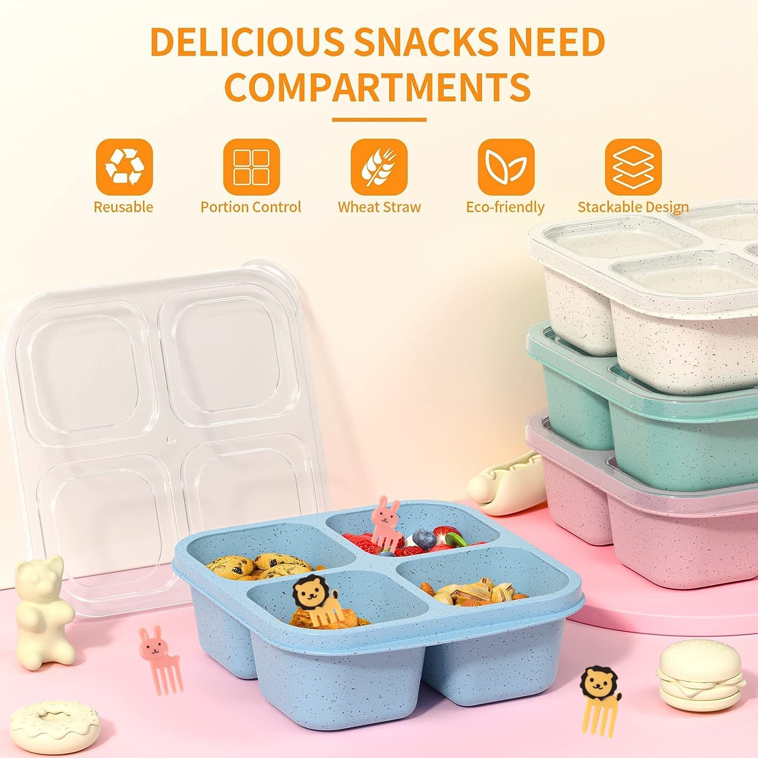 Bento Snack Boxes 4 Pack, Reusable Bento Boxes Kids with 4 Compartments & Fork, Lunch Snack Containers for Kids Adults, Divided Food Storage Containers for School Work Travel (Wheat)