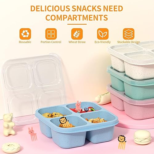 Miniatura 5 de Paquete de 4 cajas Bento para aperitivos, cajas Bento reutilizables para niños con 4 compartimentos y tenedor, recipientes de almuerzo para niños y