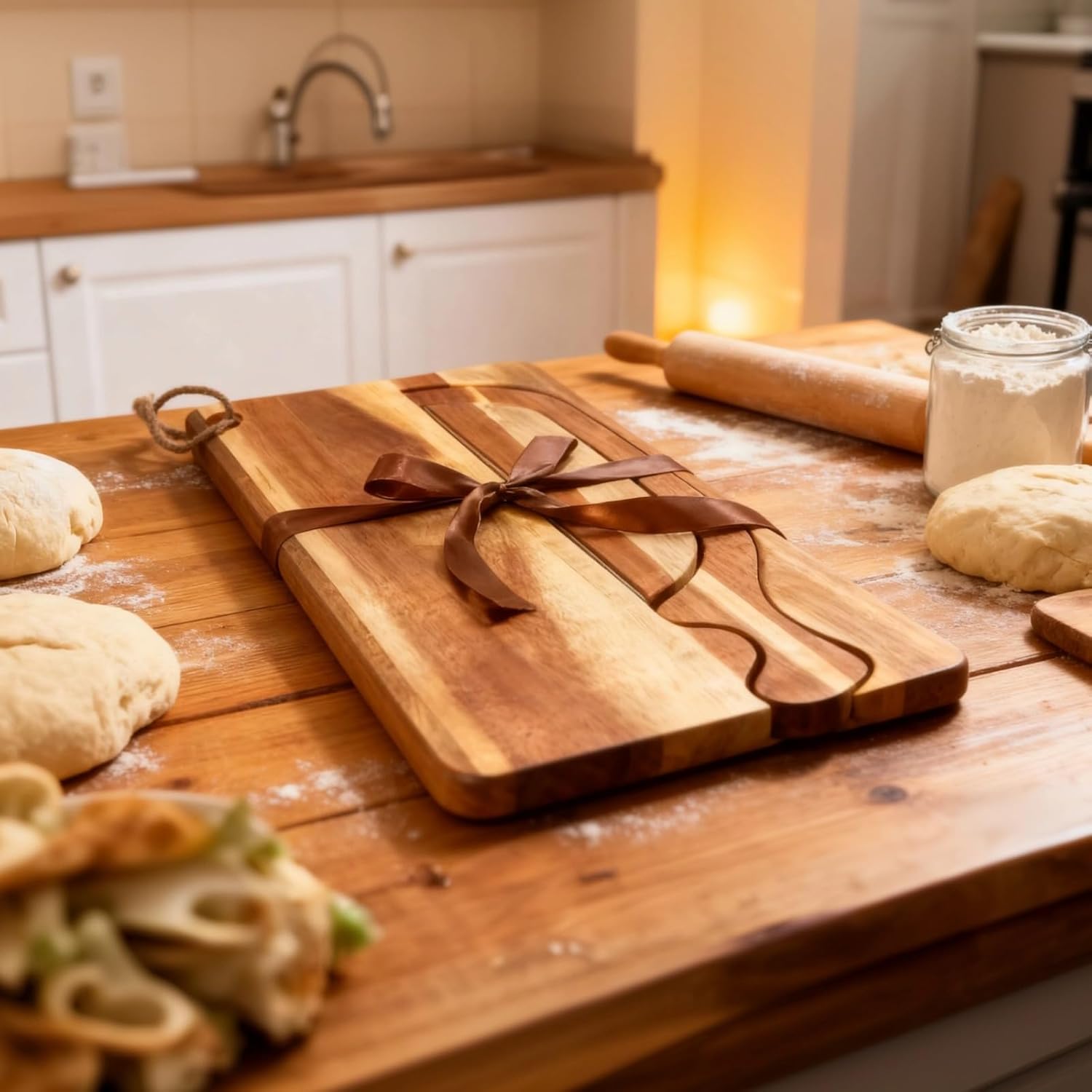 Bread Slicing Board Set, Acacia Wood, 15.8 in Cutting Board with Knives, Manual Bread Slicer for Sourdough