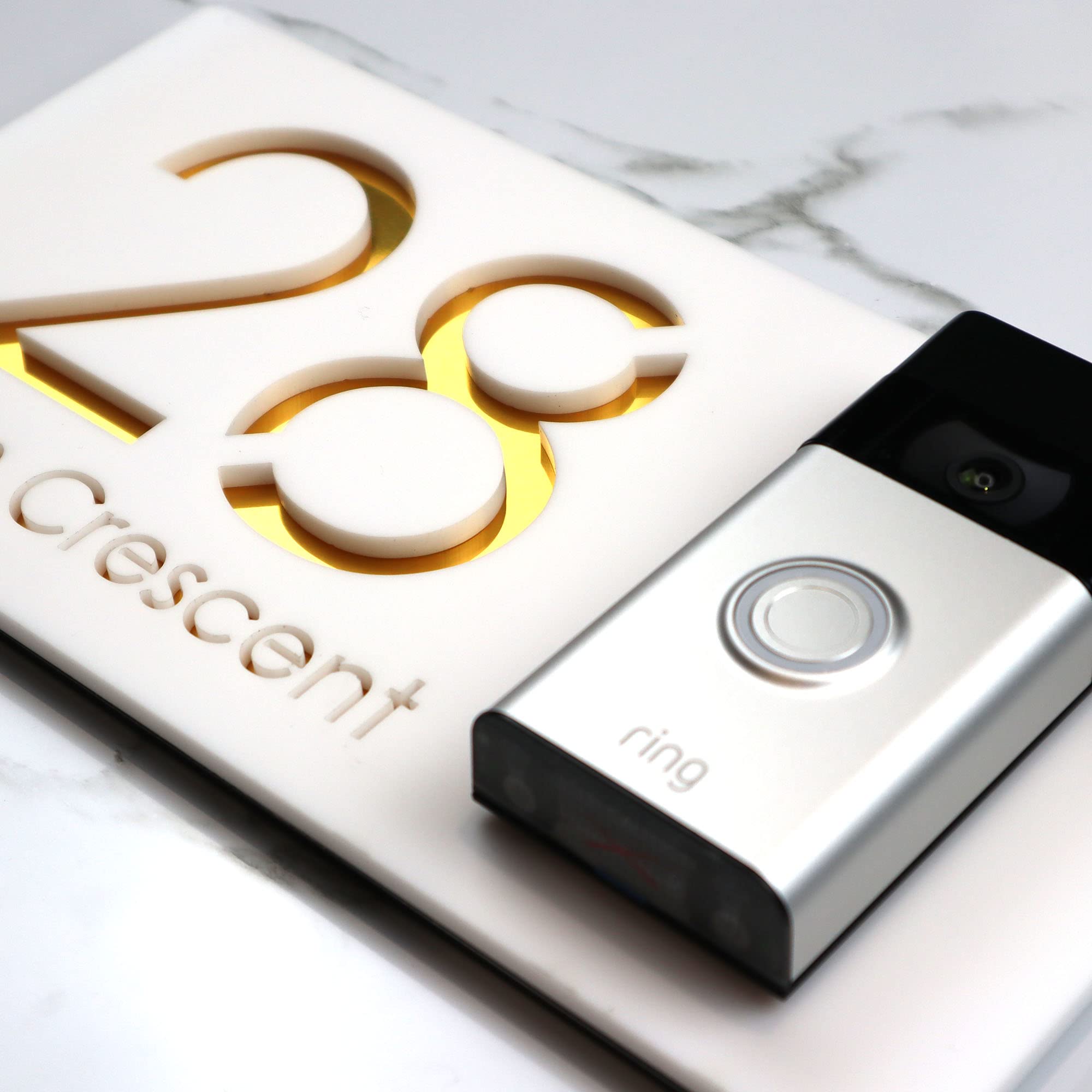 K Smart Sign | Left Text F31 | Bellissima Video Doorbell house sign door number plaques for Nest Ring Wifi doorbell plate mount | Matt White | 300mm x 160mm (Matt White & Gold Mirror)