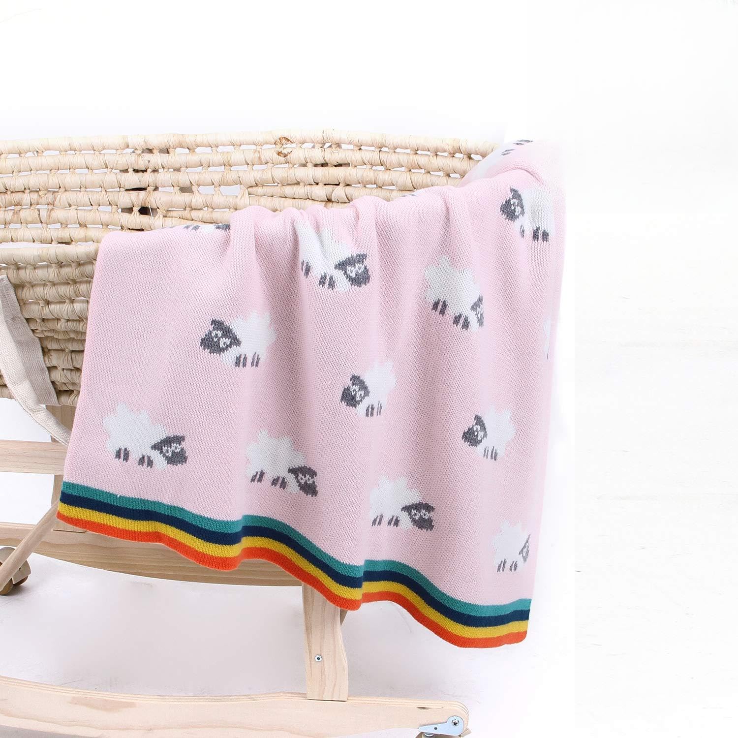 Baby Soft Knit Pure Blanket for Boys and Girls, Odot Unisex Toddler Warm Swaddle Square Throw Blankets Sheep Pattern Knitted Patterns Pram Cot Bed Textured Sleep Blanket (Baby Pink,100 x 80 cm)
